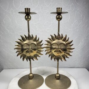 VTG Pier 1 Brass Sun Face Tapered Candle Holders Set of 2 India Sunburst Signed